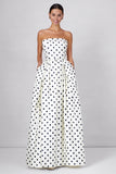 White Black Dots Strapless A Line Long Prom Dress with Pockets