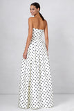 White Black Dots Strapless A Line Long Prom Dress with Pockets