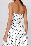 White Black Dots Strapless A Line Long Prom Dress with Pockets