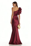 Burgundy Mermaid One Shoulder Long Formal Dress With 3D Flowers