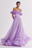 Lilac A Line Off the Shoulder Long Prom Dress With Ruffles