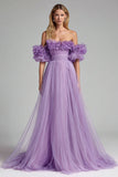 A Line Lilac Off the Shoulder Pleated Long Prom Dress