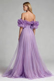 A Line Lilac Off the Shoulder Pleated Long Prom Dress