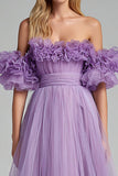 A Line Lilac Off the Shoulder Pleated Long Prom Dress