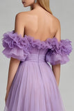A Line Lilac Off the Shoulder Pleated Long Prom Dress