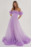 Lilac A Line Off the Shoulder Long Prom Dress With Ruffles