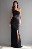 Black Mermaid One Shoulder Lace Long Formal Dress With Slit