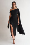 Sheath Black One Shoulder Midi Formal Dress With Slit