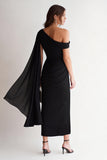 Sheath Black One Shoulder Midi Formal Dress With Slit