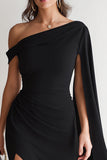 Sheath Black One Shoulder Midi Formal Dress With Slit