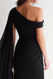 Sheath Black One Shoulder Midi Formal Dress With Slit