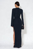 Navy Mermaid Long Sleeve High Neck Long Prom Dress With Slit