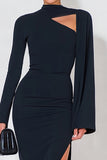 Navy Mermaid Long Sleeve High Neck Long Prom Dress With Slit
