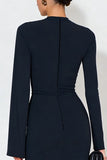 Navy Mermaid Long Sleeve High Neck Long Prom Dress With Slit