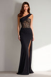 Black One Shoulder Mermaid Lace Long Prom Dress With Slit