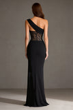 Black One Shoulder Mermaid Lace Long Prom Dress With Slit