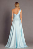 Sky Blue Beaded One Shoulder A Line Long Prom Dress