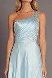 Sky Blue Beaded One Shoulder A Line Long Prom Dress