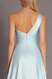Sky Blue Beaded One Shoulder A Line Long Prom Dress