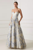 Dusty Blue Floral Sweetheart Corset A Line Jacquard Long Prom Dress