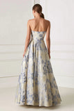 Dusty Blue Floral Sweetheart Corset A Line Jacquard Long Prom Dress