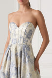 Dusty Blue Floral Sweetheart Corset A Line Jacquard Long Prom Dress