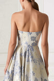 Dusty Blue Floral Sweetheart Corset A Line Jacquard Long Prom Dress
