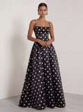White Black Dots Spaghetti Straps A Line Long Prom Dress