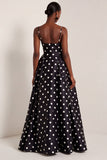 White Black Dots Spaghetti Straps A Line Long Prom Dress