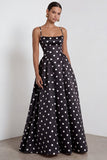 White Black Dots Spaghetti Straps A Line Long Prom Dress