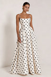 White Black Dots Spaghetti Straps A Line Long Prom Dress