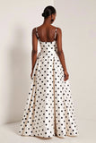 White Black Dots Spaghetti Straps A Line Long Prom Dress