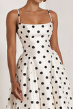 White Black Dots Spaghetti Straps A Line Long Prom Dress