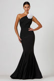 Black Mermaid One Shoulder Long Formal Dress With 3D Flowers