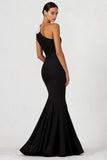 Black Mermaid One Shoulder Long Formal Dress With 3D Flowers
