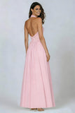 Pink Halter A Line Cut Out Pleated Long Prom Dress