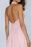Pink Halter A Line Cut Out Pleated Long Prom Dress