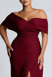 Mermaid Burgundy Off the Shoulder Ruched Long Formal Dress With Slit