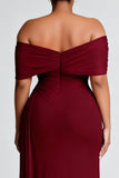 Mermaid Burgundy Off the Shoulder Ruched Long Formal Dress With Slit