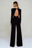 Black Long Sleeve Open Back Jumpsuits
