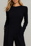 Black Long Sleeve Open Back Jumpsuits