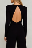 Black Long Sleeve Open Back Jumpsuits