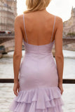 Light Purple Tiered Spaghetti Straps Bridesmaid Dress