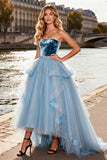 Sky Blue Ball Gown Strapless Prom Dress with Ruffles