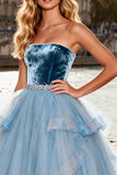Sky Blue Ball Gown Strapless Prom Dress with Ruffles