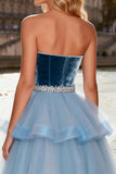 Sky Blue Ball Gown Strapless Prom Dress with Ruffles