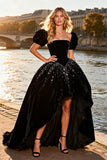 Black Strapless Velvet Beaded High Low Prom Dress