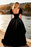 Black Strapless Velvet Beaded High Low Prom Dress