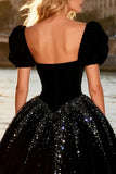 Black Strapless Velvet Beaded High Low Prom Dress