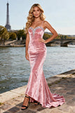 Velvet Pink Long Prom Dress with Rhinestones
